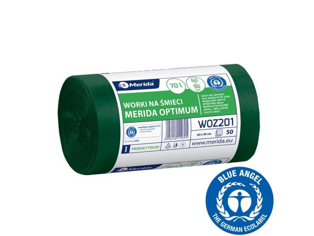 Worki na śmieci 70 l, MERIDA OPTIMUM BLUE ANGEL, zielone, 60x90 cm, rolka 50 szt.
