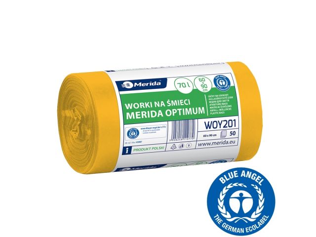 Worki na śmieci 70 l, MERIDA OPTIMUM BLUE ANGEL, żółte, 60x90 cm, rolka 50 szt.