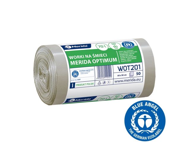 Worki na śmieci 70 l, MERIDA OPTIMUM BLUE ANGEL, bezbarwne, 60x90 cm, rolka 50 szt.