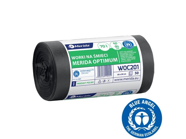 Worki na śmieci 70 l, MERIDA OPTIMUM BLUE ANGEL, czarne, 60x90 cm, rolka 50 szt.