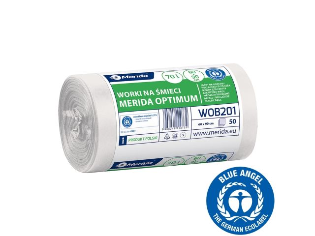 Worki na śmieci 70 l, MERIDA OPTIMUM, białe, 60x90 cm, rolka 50 szt.