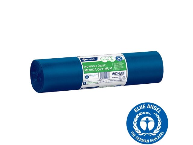 Worki na śmieci 120 l, MERIDA OPTIMUM BLUE ANGEL, niebieskie, 70x110 cm, rolka 50 szt.