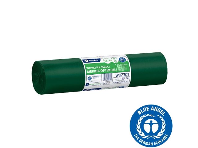 Worki na śmieci 120 l, MERIDA OPTIMUM BLUE ANGEL, zielone, 70x110 cm, rolka 50 szt.