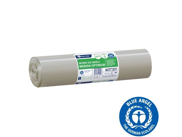 Worki na śmieci 120 l, MERIDA OPTIMUM BLUE ANGEL, bezbarwne, 70x110 cm, rolka 50 szt.