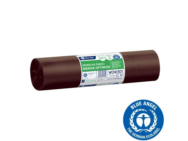 Worki na bioodpady 120 l, MERIDA OPTIMUM BLUE ANGEL, brązowe, 70x110 cm, rolka 50 szt.