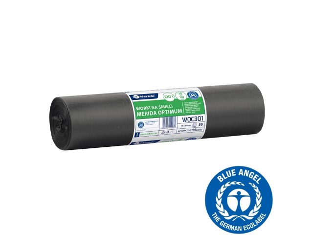 Worki na śmieci 120 l, MERIDA OPTIMUM BLUE ANGEL, czarne, 70x110 cm, rolka 50 szt.