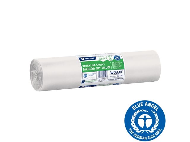 Worki na śmieci 120 l, MERIDA OPTIMUM BLUE ANGEL, białe, 70x110 cm, rolka 50 szt.