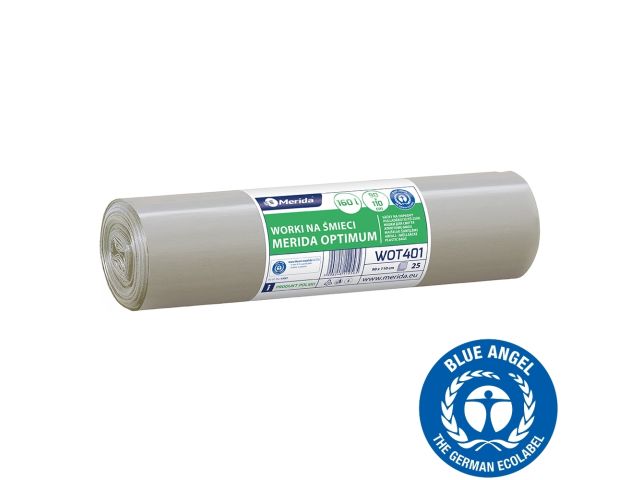 Worki na śmieci 160 l, MERIDA OPTIMUM BLUE ANGEL, bezbarwne, 90x110 cm, rolka 25 szt.