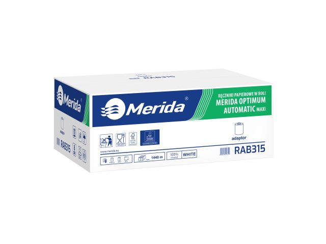 Ręczniki papierowe w roli z adaptorem, MERIDA OPTIMUM AUTOMATIC MAXI ECOLABEL, dwuwarstwowe, białe, średnica 19,5 cm, długość 240 m, karton 6 rolek