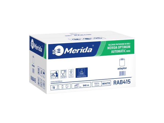 Ręczniki papierowe w roli z adaptorem, MERIDA OPTIMUM AUTOMATIC MINI ECOLABEL, dwuwarstwowe, białe, średnica 14,5 cm, długość 140 m, karton 6 rolek