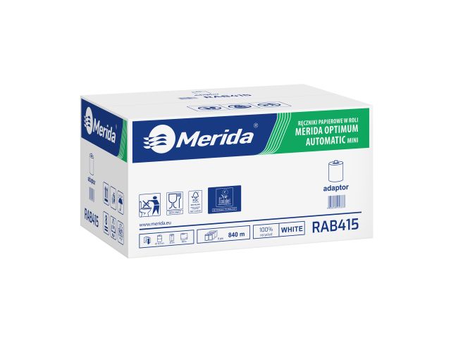 MERIDA OPTIMUM AUTOMATIC MINI roll paper towel with adapter, white, diameter 14.5 cm, length 140 m, two-ply, box of 6 rolls, ECOLABEL