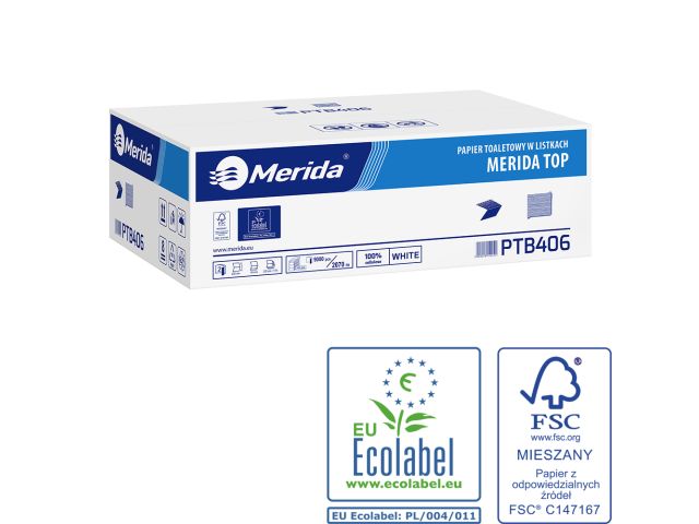 MERIDA TOP toilet paper in sheets, white, V-folded, carton 9000 pcs. (40 packs of 225 pcs.), 2-ply, cellulose, whiteness 84%, ECOLABEL