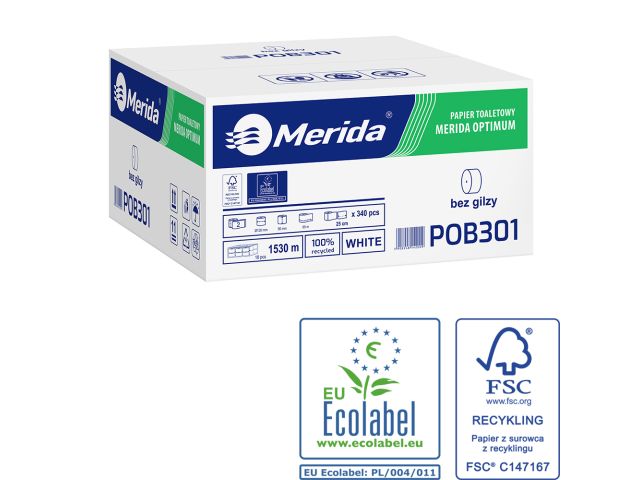 Papier toaletowy bez gilzy MERIDA OPTIMUM, biały, średnica 12 cm, długość 85 m, dwuwarstwowy,  karton 18 szt., ECOLABEL