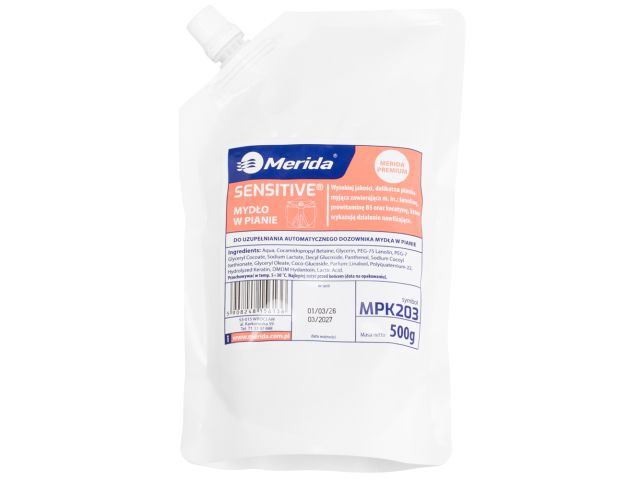 Mydło w pianie, MERIDA SENSITIVE, wkład 500 g, do uzupełnienia automatycznego dozownika mydła w pianie