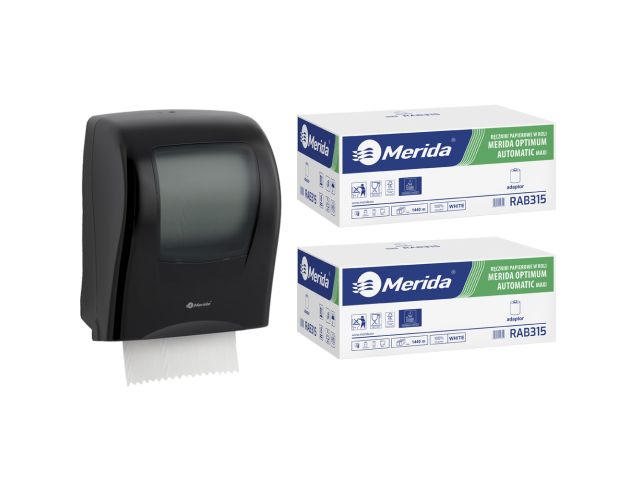 Mechaniczny podajnik ręczników, MERIDA ONE czarny za 125 zł netto przy zakupie 2 kartonów ręczników MERIDA OPTIMUM AUTOMATIC MAXI ECOLABEL RAB315 (12 x 240 m = 2 880 m, 11 292 listki)