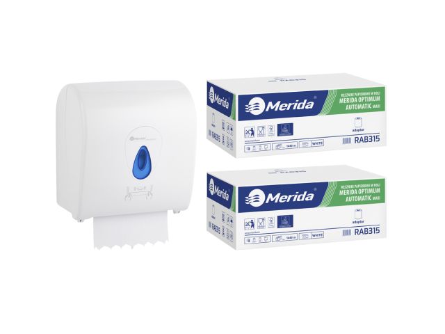 Mechaniczny podajnik ręczników, MERIDA TOP niebieski za 100 zł netto przy zakupie 2 kartonów ręczników MERIDA OPTIMUM AUTOMATIC MAXI ECOLABEL RAB315 (12 x 240 m = 2 880 m, 11 292 listki)