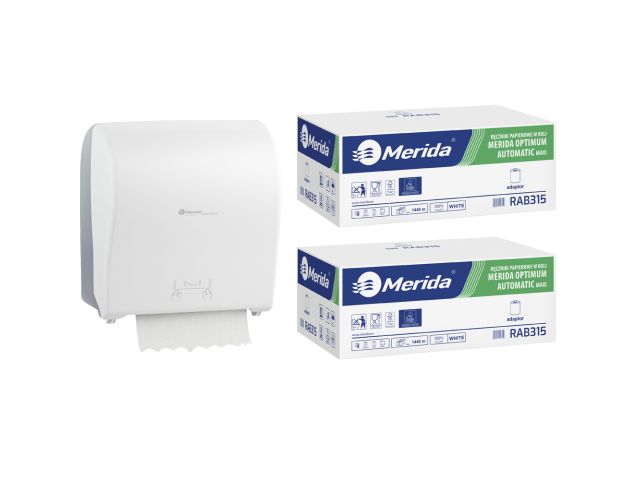 Mechaniczny podajnik ręczników, MERIDA SOLID CUT za 100 zł netto przy zakupie 2 kartonów ręczników MERIDA OPTIMUM AUTOMATIC MAXI ECOLABEL RAB315 (12 x 240 m = 2 880 m, 11 292 listki)