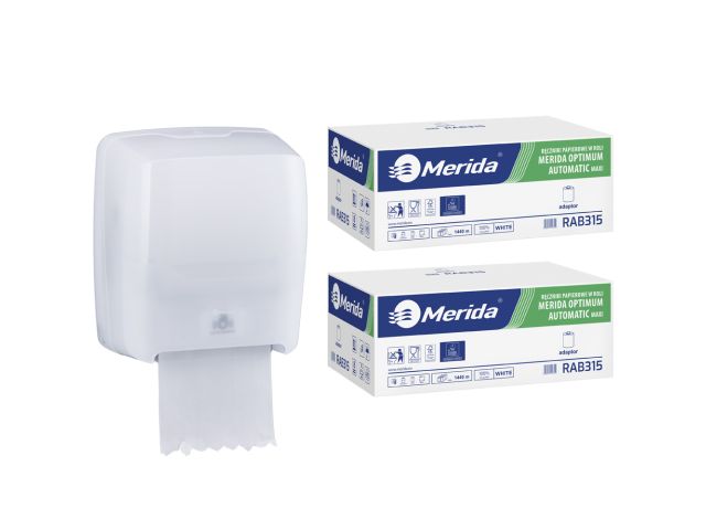 Mechaniczny podajnik ręczników, MERIDA HARMONY za 100 zł netto przy zakupie 2 kartonów ręczników MERIDA OPTIMUM AUTOMATIC MAXI ECOLABEL RAB315 (12 x 240 m = 2 880 m, 11 292 listki)