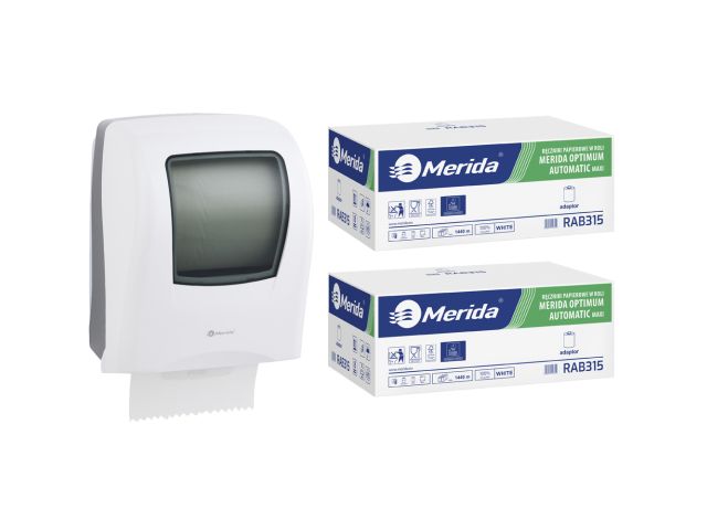 Mechaniczny podajnik ręczników, MERIDA ONE biały za 125 zł netto przy zakupie 2 kartonów ręczników MERIDA OPTIMUM AUTOMATIC MAXI ECOLABEL RAB315 (12 x 240 m = 2 880 m, 11 292 listki)