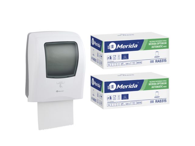 Automatyczny bezdotykowy podajnik ręczników, MERIDA ONE biały za 250 zł netto przy zakupie 2 kartonów ręczników MERIDA OPTIMUM AUTOMATIC MAXI ECOLABEL RAB315 (12 x 240 m = 2 880 m, 11 292 listki)