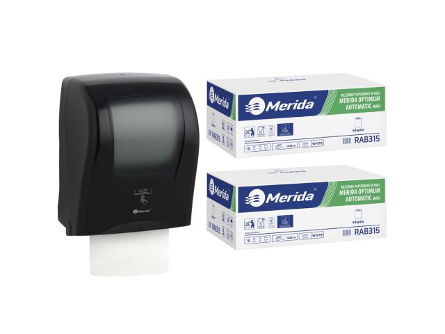 Automatyczny bezdotykowy podajnik ręczników, MERIDA ONE czarny za 250 zł netto przy zakupie 2 kartonów ręczników MERIDA OPTIMUM AUTOMATIC MAXI ECOLABEL RAB315 (12 x 240 m = 2 880 m, 11 292 listki)