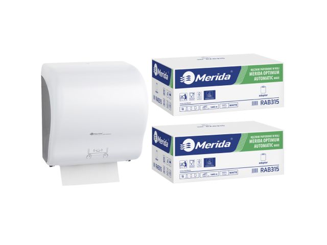 Mechaniczny podajnik ręczników, MERIDA LUX CUT za 125 zł netto przy zakupie 2 kartonów ręczników MERIDA OPTIMUM AUTOMATIC MAXI ECOLABEL RAB315 (12 x 240 m = 2 880 m, 11 292 listki)
