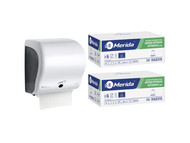 Mechaniczny podajnik ręczników, MERIDA LUX SENSOR CUT za 250 zł netto przy zakupie 2 kartonów ręczników MERIDA OPTIMUM AUTOMATIC MAXI ECOLABEL RAB315 (12 x 240 m = 2 880 m, 11 292 listki)
