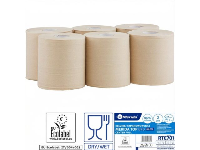 Ręczniki papierowe w roli MERIDA TOP EKO CENTER PULL MAXI, piaskowe, średnica 18 cm, długość 163 m, dwuwarstwowe, zgrzewka 6 rolek, ECOLABEL