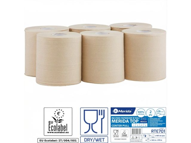 Ręczniki papierowe w roli MERIDA TOP EKO CENTER PULL MAXI, piaskowe, średnica 18 cm, długość 163 m, dwuwarstwowe, zgrzewka 6 rolek, ECOLABEL