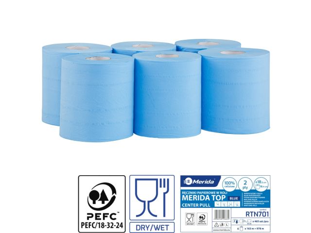 Ręczniki papierowe w roli, MERIDA TOP CENTER PULL MAXI, dwuwarstwowe, niebieskie, średnica 18 cm , długość 163 m, zgrzewka 6 rolek