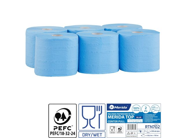 Ręczniki papierowe w roli, MERIDA TOP CENTER PULL MINI, dwuwarstwowe, niebieskie, średnica 17,2 cm, długość 122,5 m, zgrzewka 6 rolek