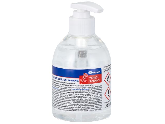 Płyn dezynfekcyjny o zapachu róży MERIDA POLANA DDR+ do chirurgicznej i higienicznej dezynfekcji rąk, butelka 300 ml z pompką