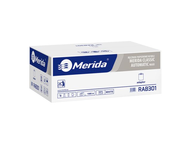 MERIDA CLASSIC AUTOMATIC MAXI - roll paper towel for maxi auto-cut dispenser, white, 1-ply, diameter 19.5 cm, recycled paper, 250 m (6 rolls / carton)