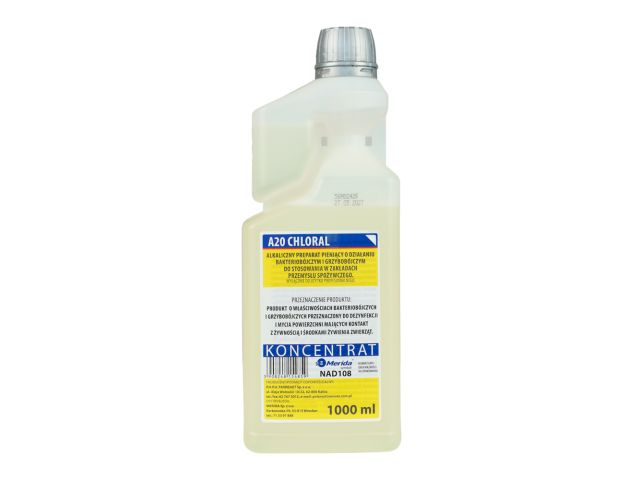 Płyn do mycia i dezynfekcji, A20 CHLORAL, koncentrat, butelka 1000 ml z miarką dozującą