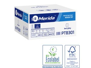Pojemnik na cztery rolki papieru toaletowego bez gilzy MERIDA HARMONY za 75 zł netto przy zakupie 2 kartonów papiery toaletowego MERIDA TOP PTB301 (36 x 85 m = 3060 m, 12 240 listków)
