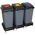 Triple recycling set, 3 x 60l plastic bin on maneuverable plastic base with wheels (grey)