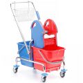 Double bucket trolley on chrome-plated frame, with 2 buckets x 20 l, mop wringer and wire basket